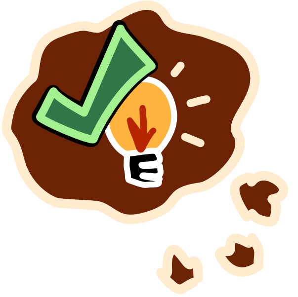  a brown thought bubble has a yellow lightbulb and green checkmark inside it. The image has light line art. 